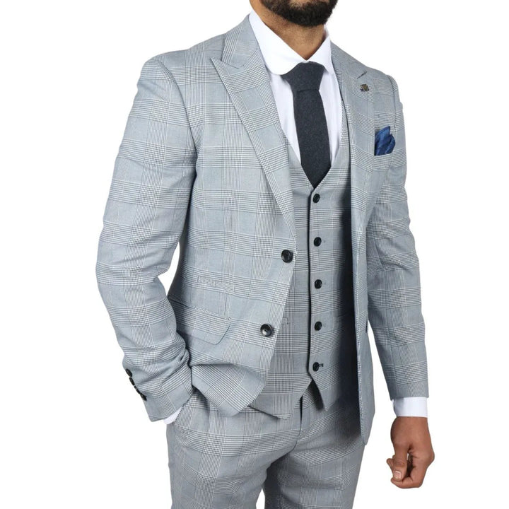 MARK - MEN'S BLUE 3 PIECE TWEED CHECK TAILORED FIT SUIT