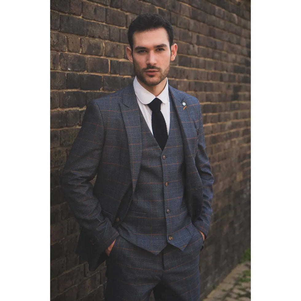 GISBORNE - MEN'S 3 PIECE NAVY CHECKED SUIT