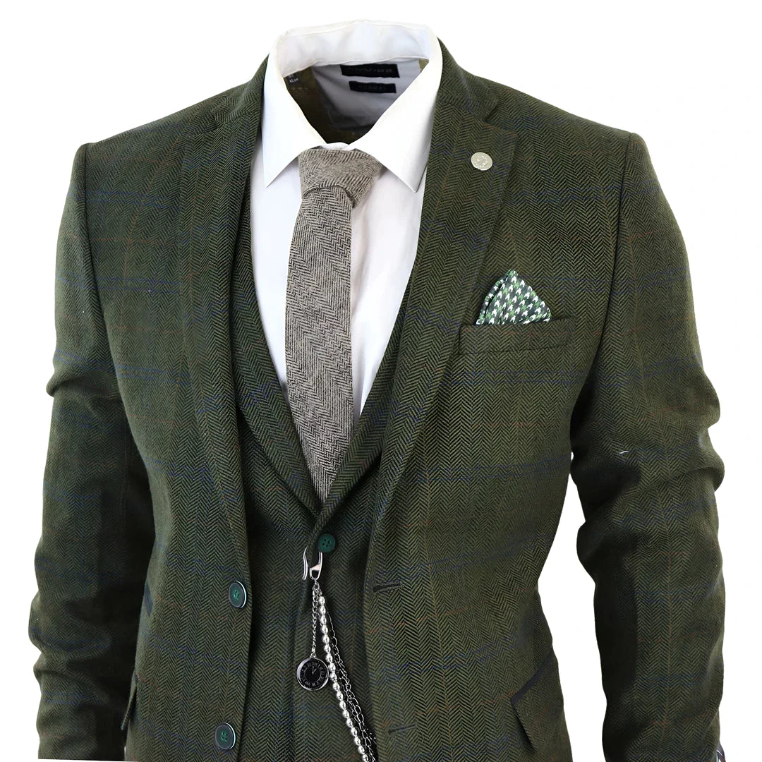 Mens 3 Piece Suit Tweed Green 1920s Gatsby Style