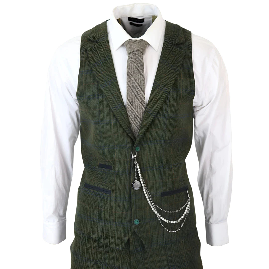 Mens 3 Piece Suit Tweed Green 1920s Gatsby Style