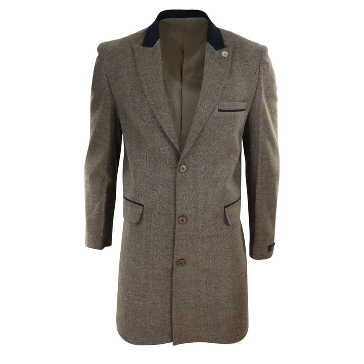 Men's 3/4 Long Overcoat Jacket Herringbone Tweed Coat Peaky Blinders