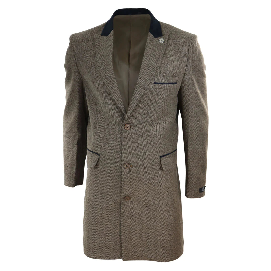 Men's 3/4 Long Overcoat Jacket Herringbone Tweed Coat Peaky Blinders