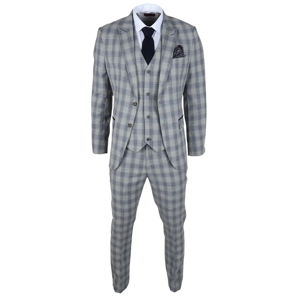 KNIGHT - MEN'S 3 PIECE GREY BLUE CHECKED SUIT