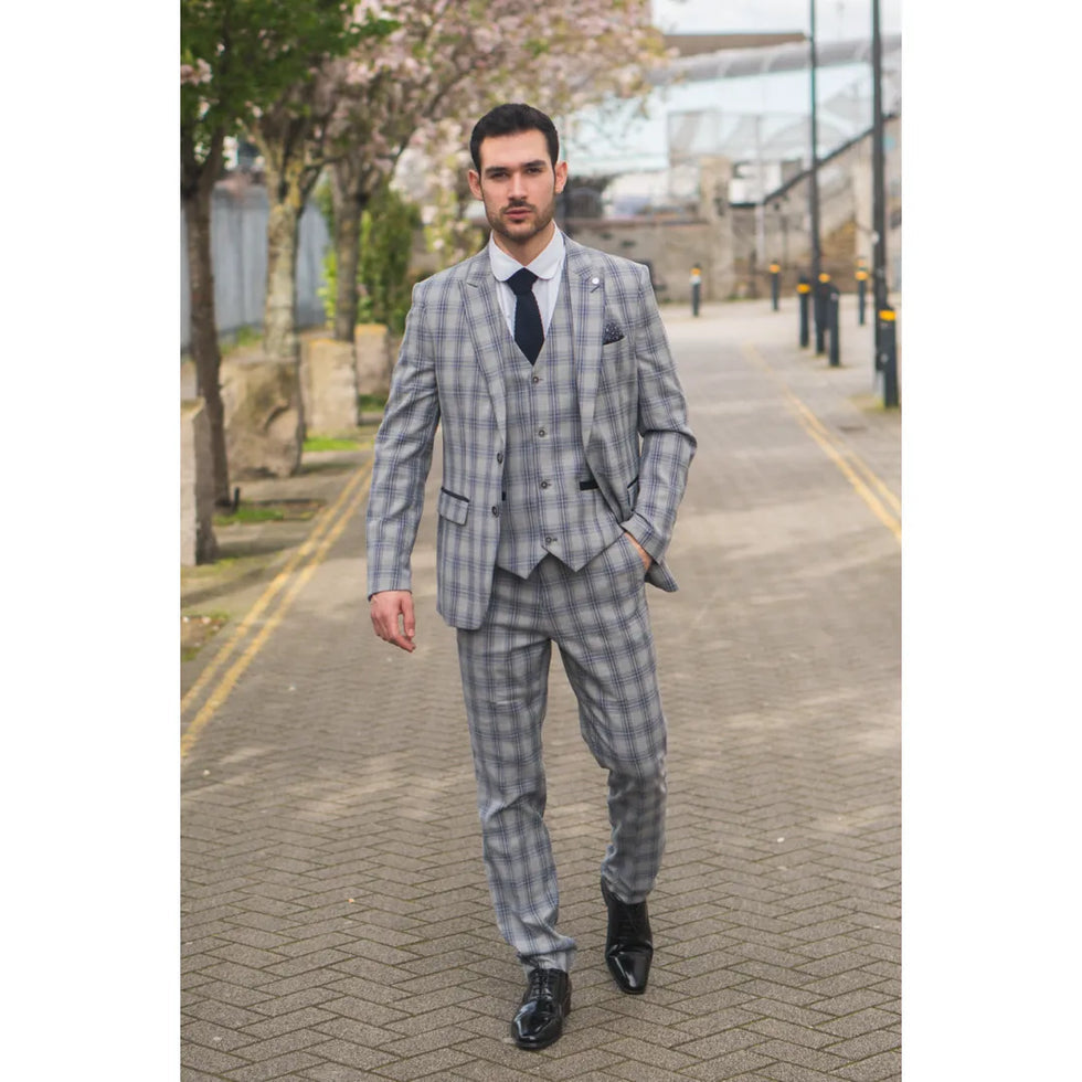 KNIGHT - MEN'S 3 PIECE GREY BLUE CHECKED SUIT