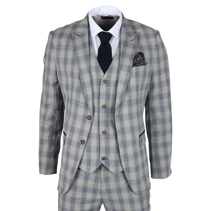 KNIGHT - MEN'S 3 PIECE GREY BLUE CHECKED SUIT