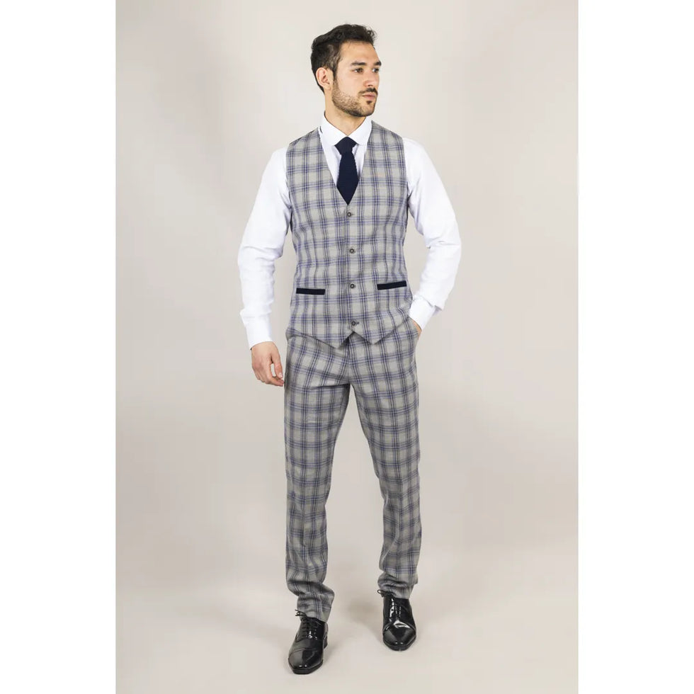 KNIGHT - MEN'S 3 PIECE GREY BLUE CHECKED SUIT