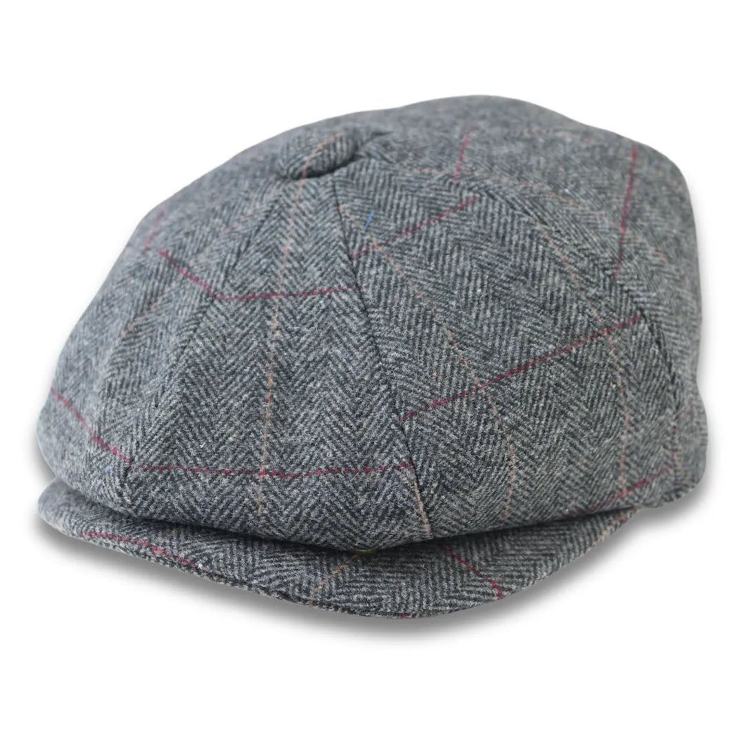 MEN'S WOOL BLEND TWEED HERRINGBONE GREY CHECK FLAT CAP