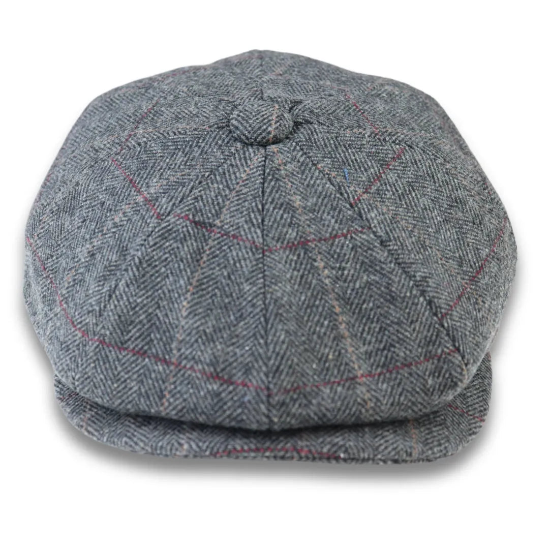 MEN'S WOOL BLEND TWEED HERRINGBONE GREY CHECK FLAT CAP