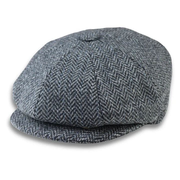 MEN'S WOOL BLEND TWEED HERRINGBONE GREY FLAT CAP