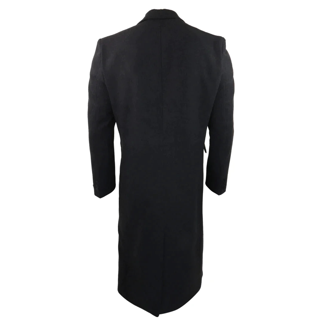 Men's Full Length Overcoat Mac Jacket Wool Feel Charcoal Black 1920s Blinders