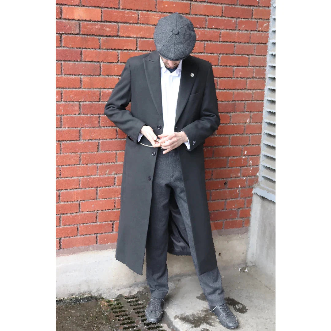 Men's Full Length Overcoat Mac Jacket Wool Feel Charcoal Black 1920s Blinders