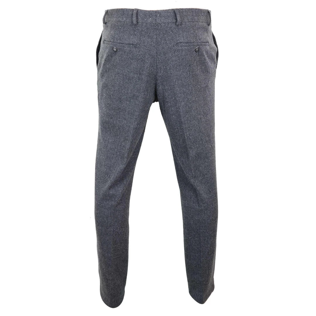 Mens Grey Charcoal Tweed Herringbone Wool Trousers