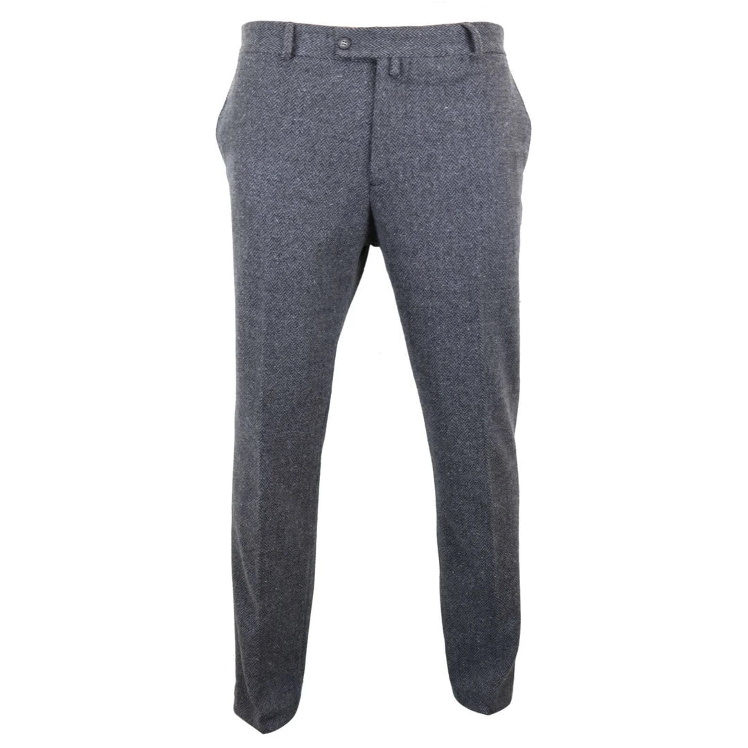 Mens Grey Charcoal Tweed Herringbone Wool Trousers