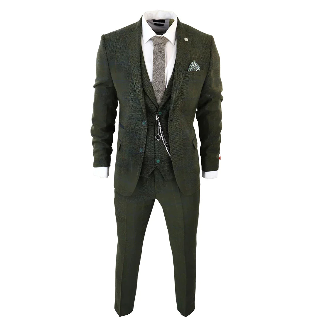 Mens 3 Piece Suit Tweed Green 1920s Gatsby Style