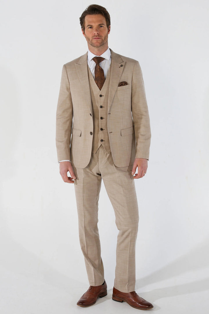 KURT - MEN'S 3 PIECE BEIGE TAILORED FIT SUMMER WEDDING SUIT