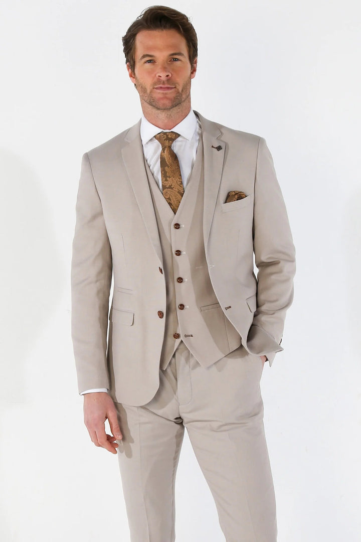 MAYFAIR - MEN'S 3 PIECE BEIGE BIRDSEYE WEDDING SUIT