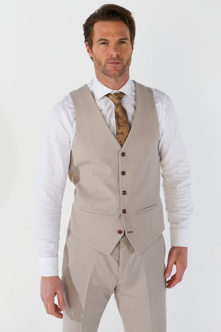 MAYFAIR - MEN'S 3 PIECE BEIGE BIRDSEYE WEDDING SUIT