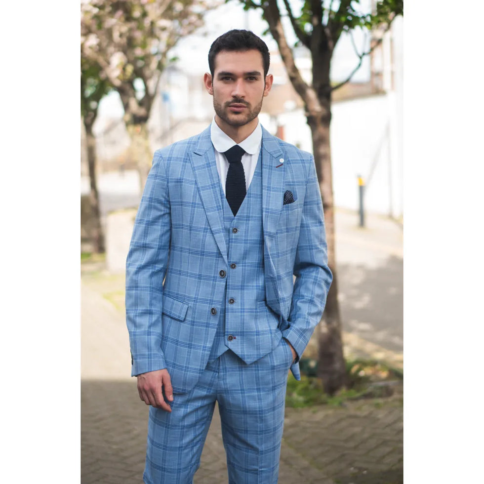 PLOWMAN - MEN'S 3 PIECE LIGHT BLUE CHECKED SUIT