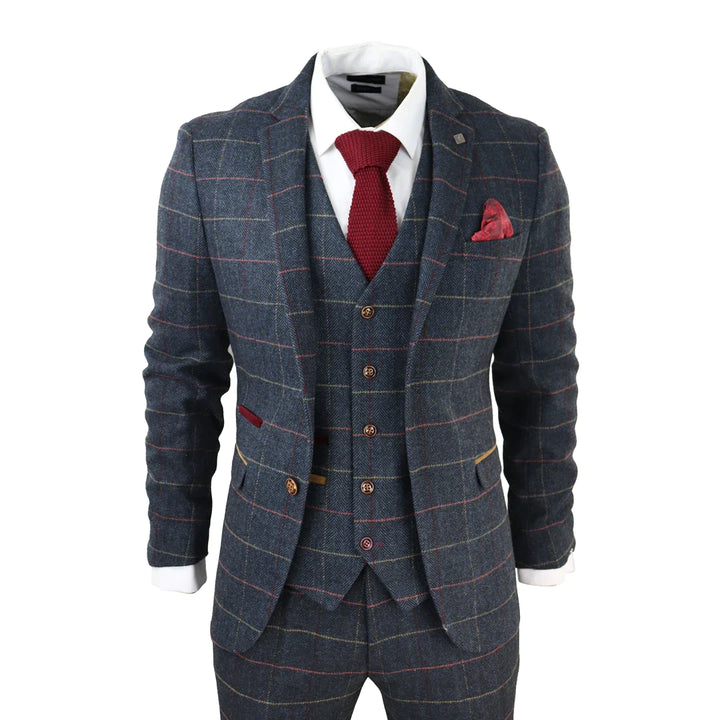 Paul Andrew - Men's Navy 3 Piece Tweed Check Suit