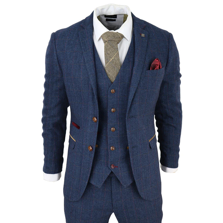 Paul Andrew - Men's Blue 3 Piece Tweed Check Suit