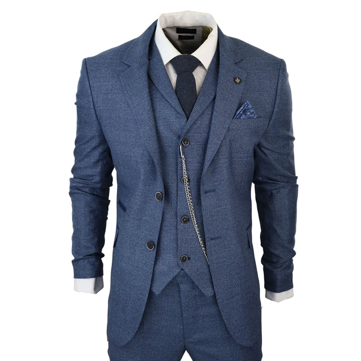 Tru Clothing - Men's 3 Piece Blue Prince Of Wales Check Suit