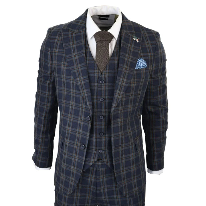 MT22Z0720 - Men's Navy Blue 3 Piece Check Suit