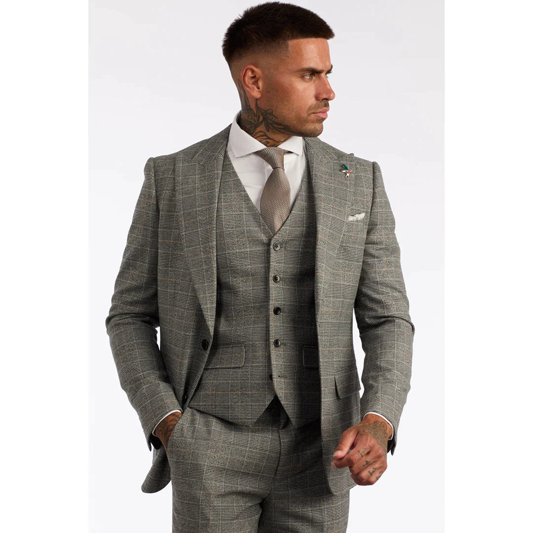 NBP12 - Men's Grey 3 Piece Prince Of Wales Check Suit