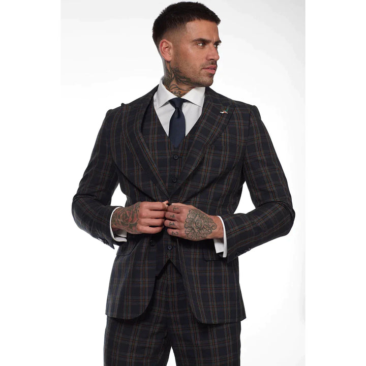 MT22Z0720 - Men's Navy Blue 3 Piece Check Suit