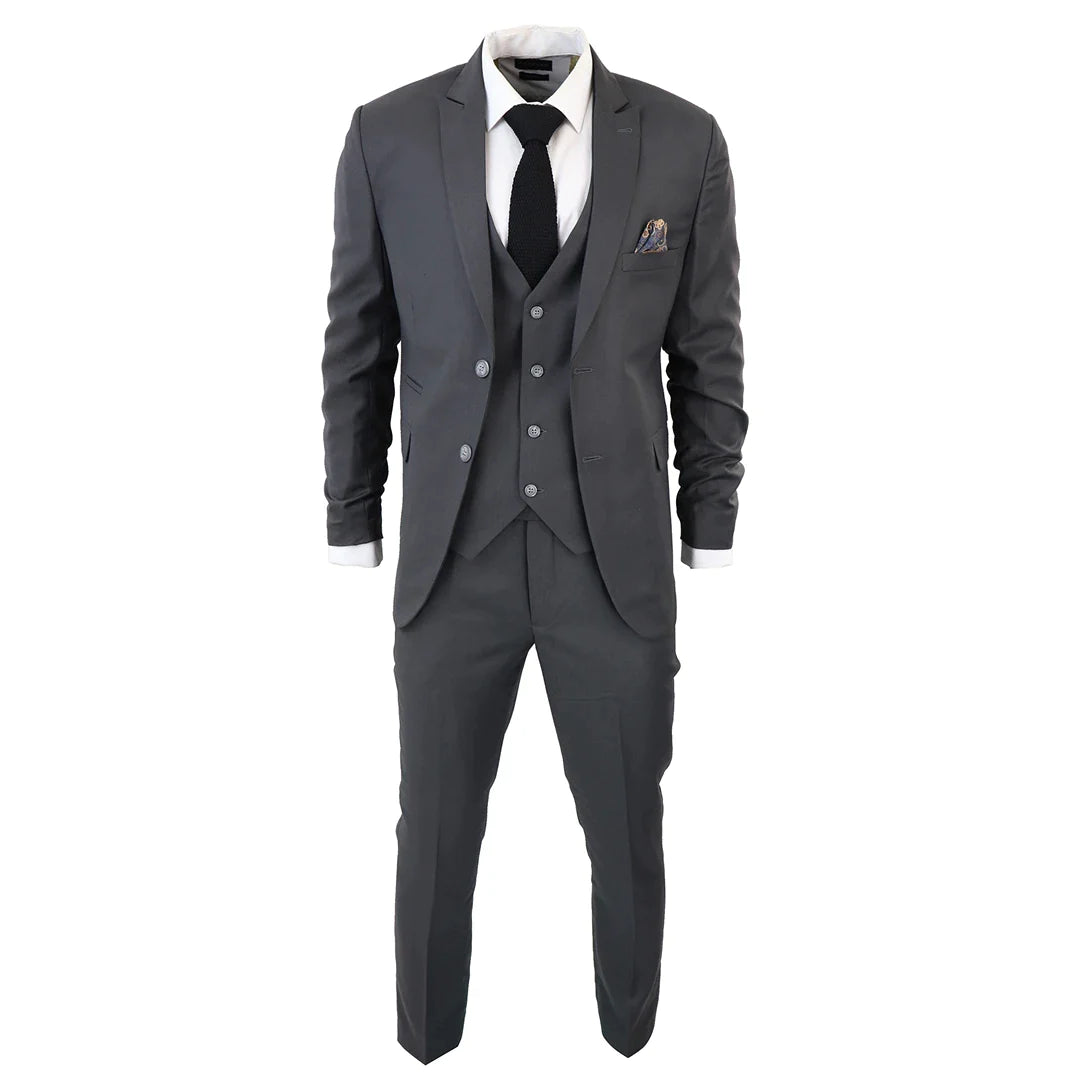 IM1 MEN'S CLASSIC PLAIN CHARCOAL 3 PIECE SUIT