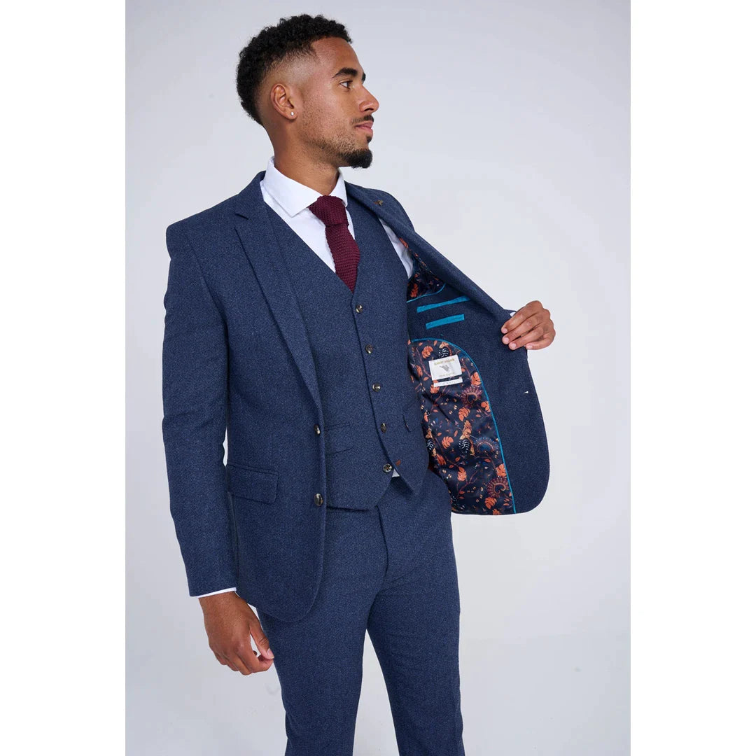 SW105258 - MEN'S NAVY BLUE 3 PIECE TWEED WOOL SUIT