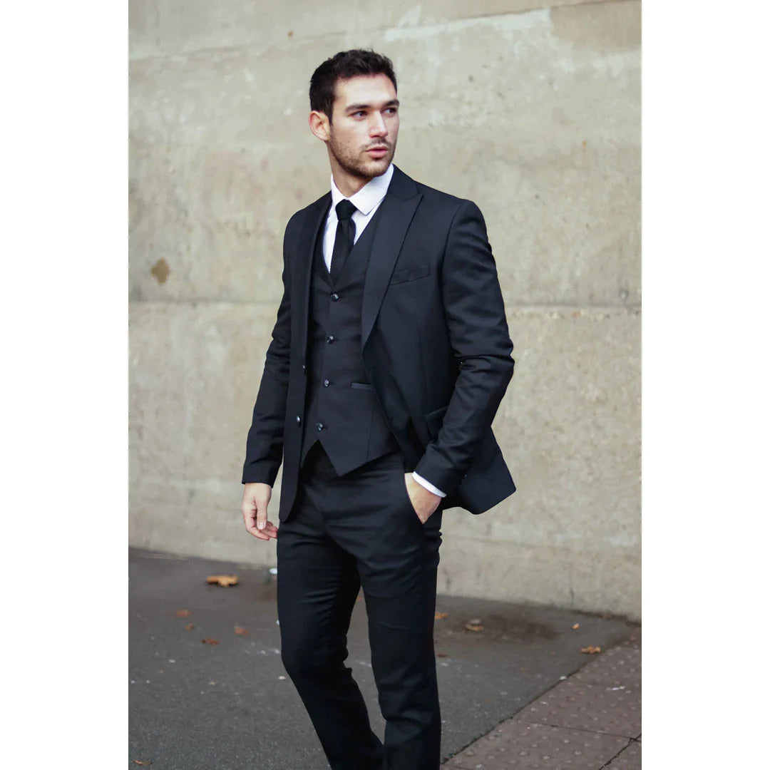 IM1 MEN'S CLASSIC PLAIN BLACK 3 PIECE SUIT