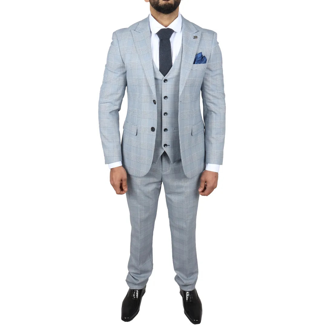 Mark - Men's Blue 3 Piece Tweed Check Tailored Fit Suit