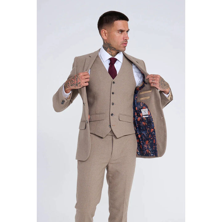 SW105258 - MEN'S BEIGE BLUE 3 PIECE TWEED WOOL SUIT