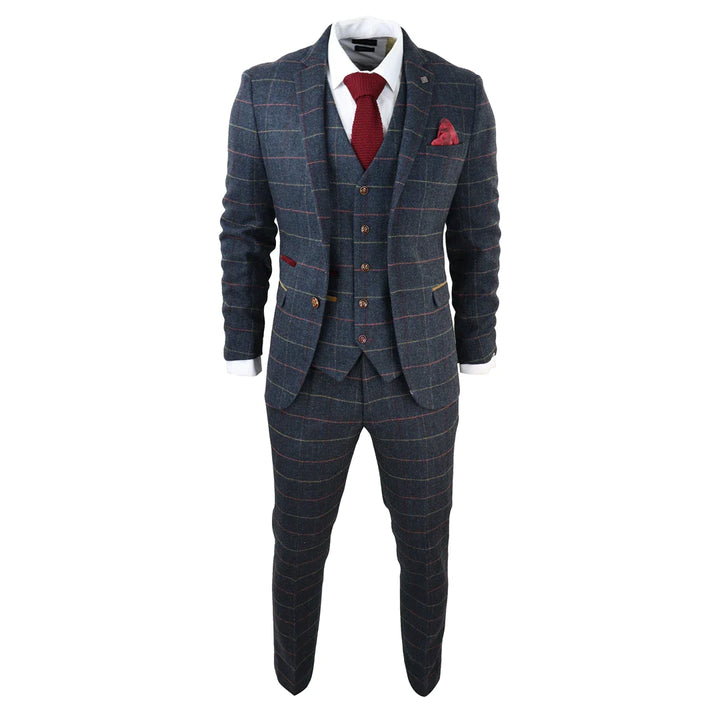 Paul Andrew - Men's Navy 3 Piece Tweed Check Suit