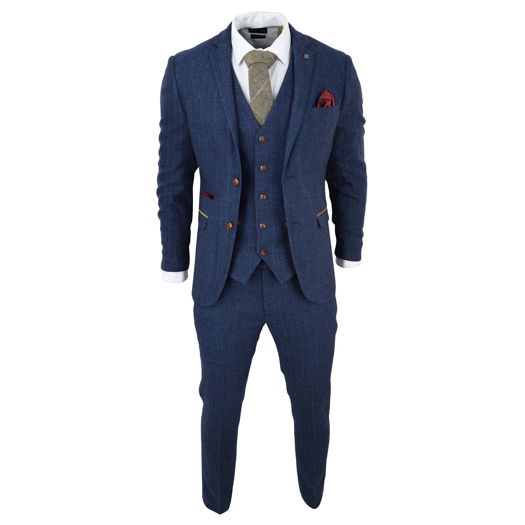 Paul Andrew - Men's Blue 3 Piece Tweed Check Suit