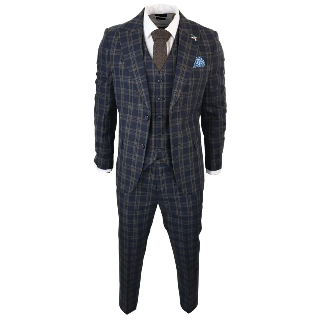 MT22Z0720 - Men's Navy Blue 3 Piece Check Suit