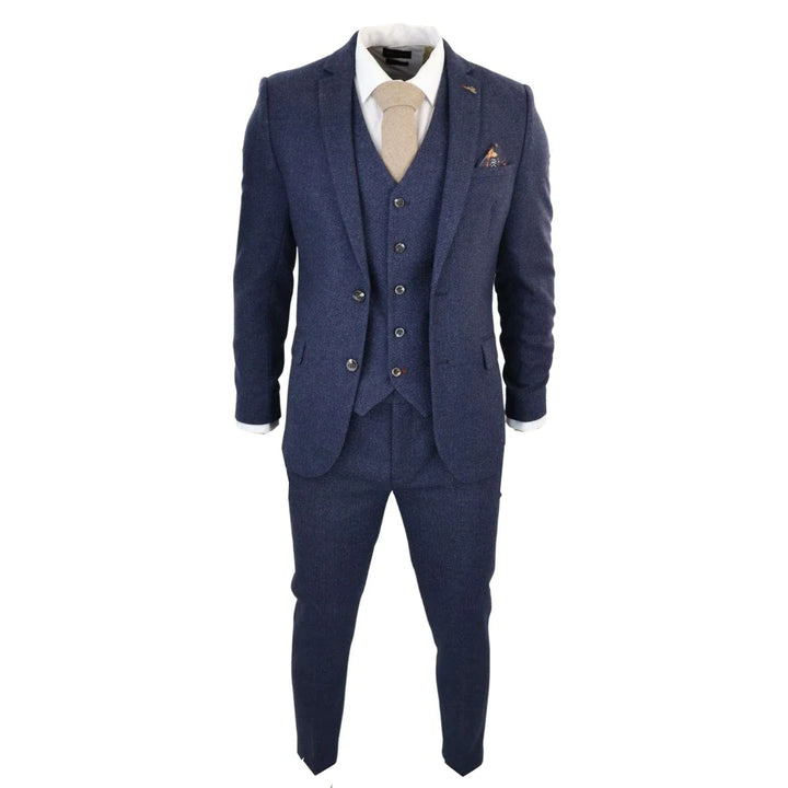 SW105258 - MEN'S NAVY BLUE 3 PIECE TWEED WOOL SUIT