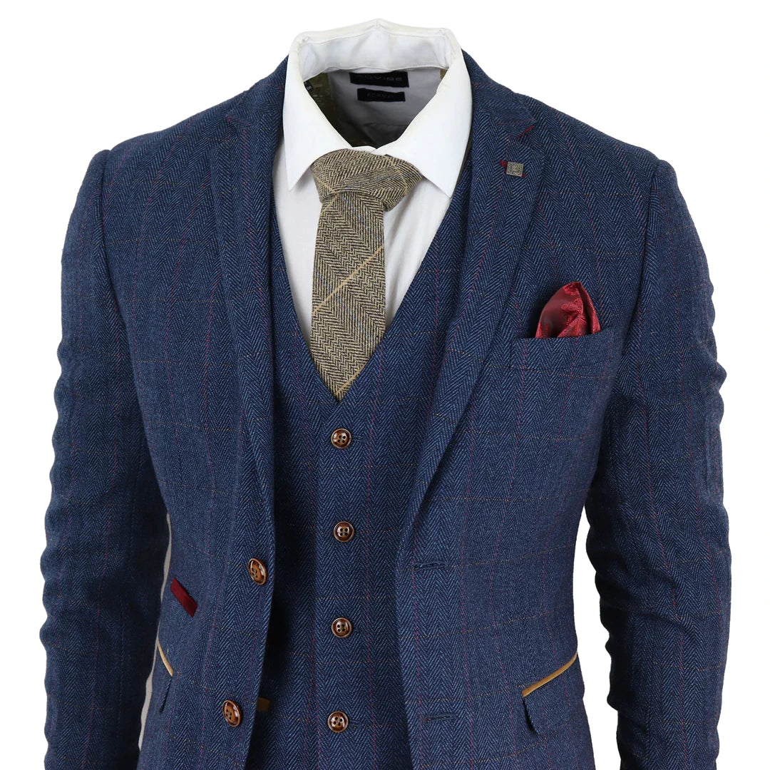 Paul Andrew - Men's Blue 3 Piece Tweed Check Suit