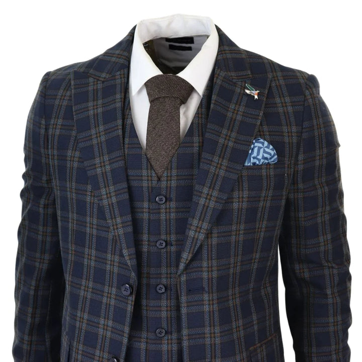 MT22Z0720 - Men's Navy Blue 3 Piece Check Suit