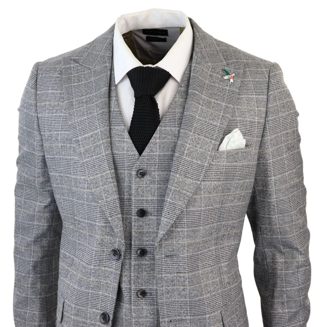 NBP12 - Men's Grey 3 Piece Prince Of Wales Check Suit