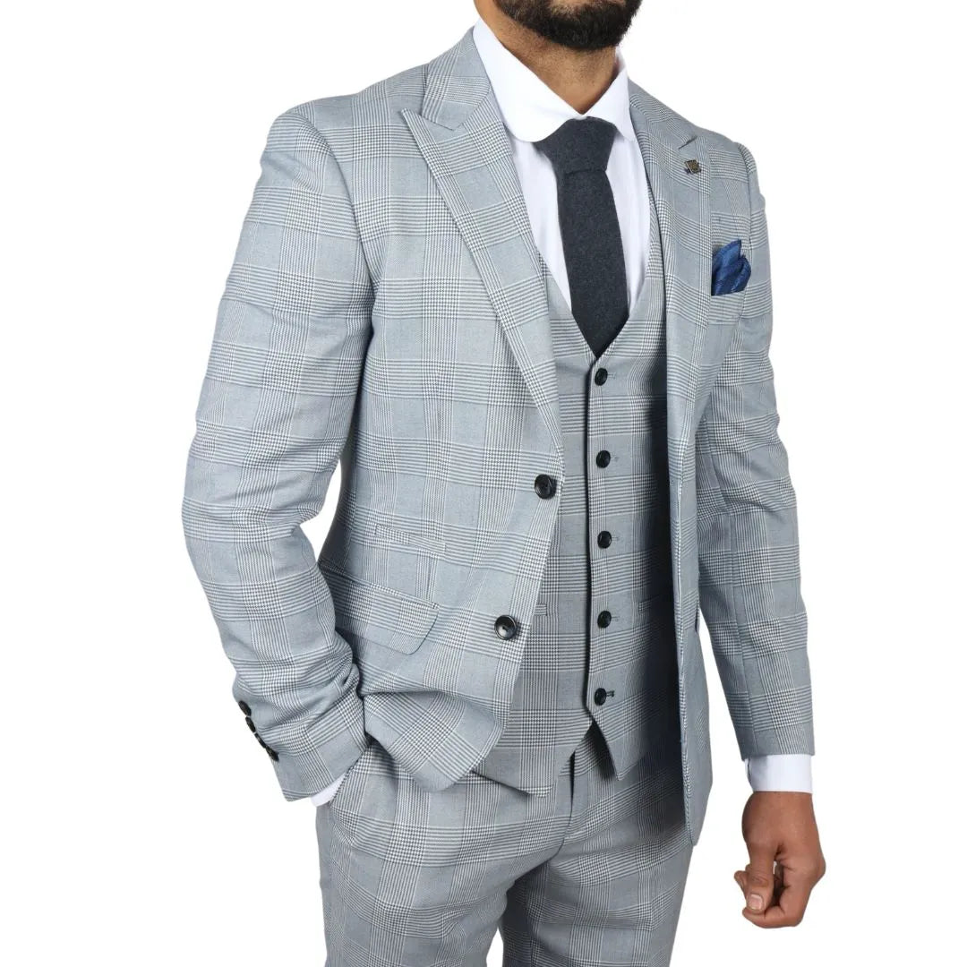 Mark - Men's Blue 3 Piece Tweed Check Tailored Fit Suit