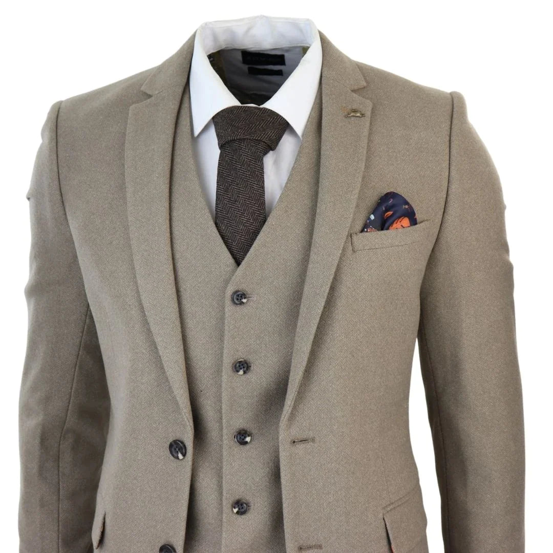 SW105258 - MEN'S BEIGE BLUE 3 PIECE TWEED WOOL SUIT