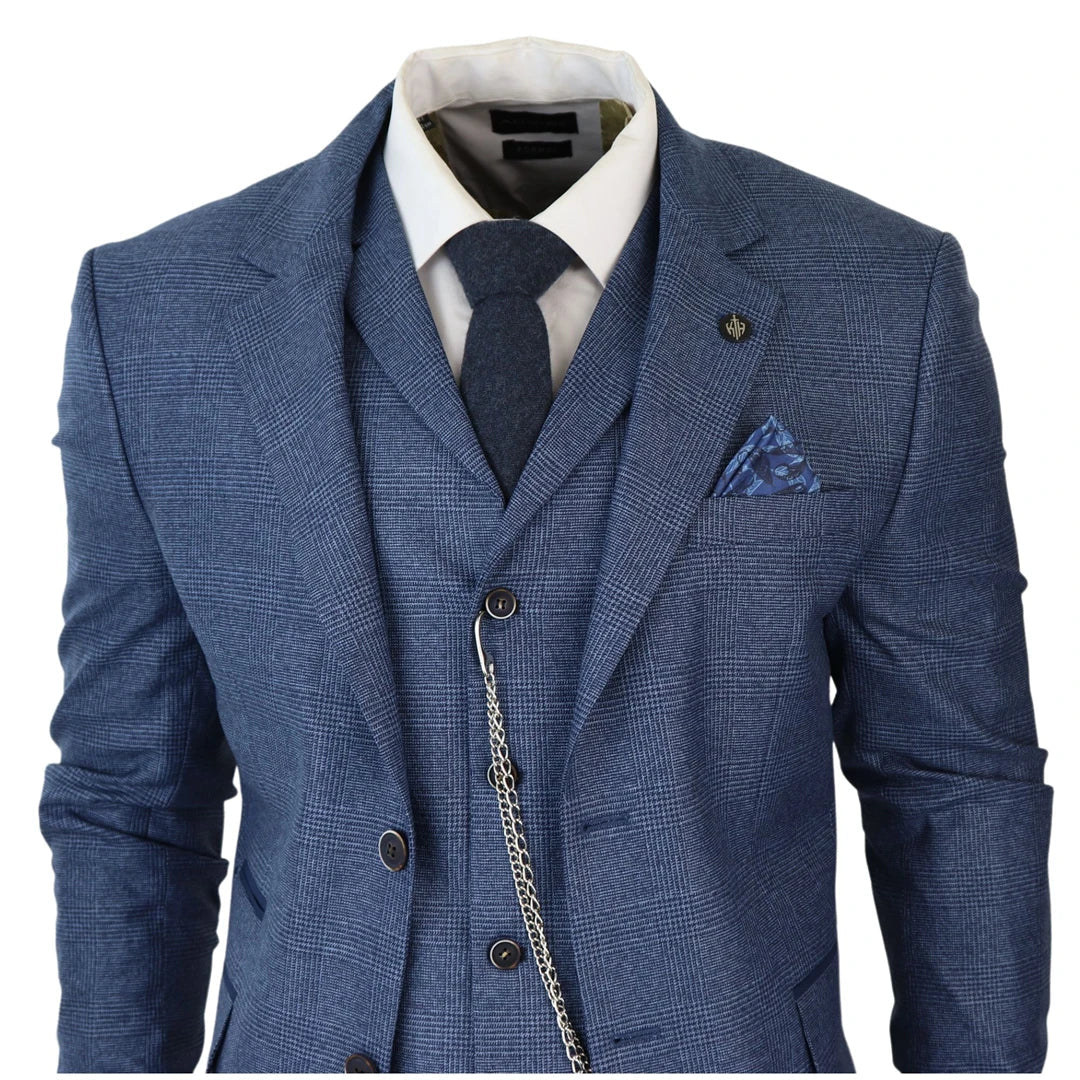 Tru Clothing - Men's 3 Piece Blue Prince Of Wales Check Suit