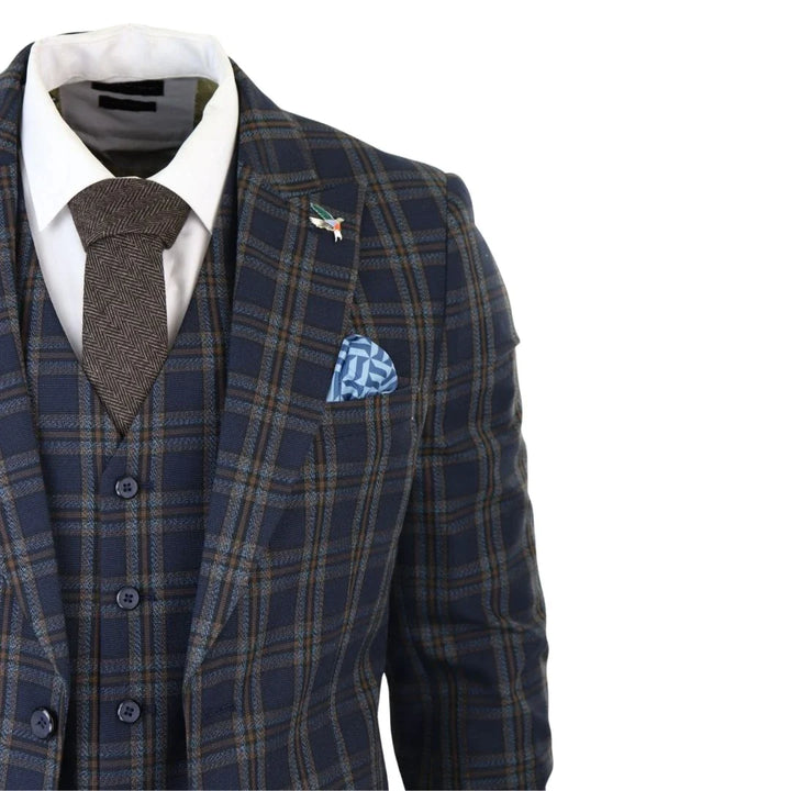 MT22Z0720 - Men's Navy Blue 3 Piece Check Suit