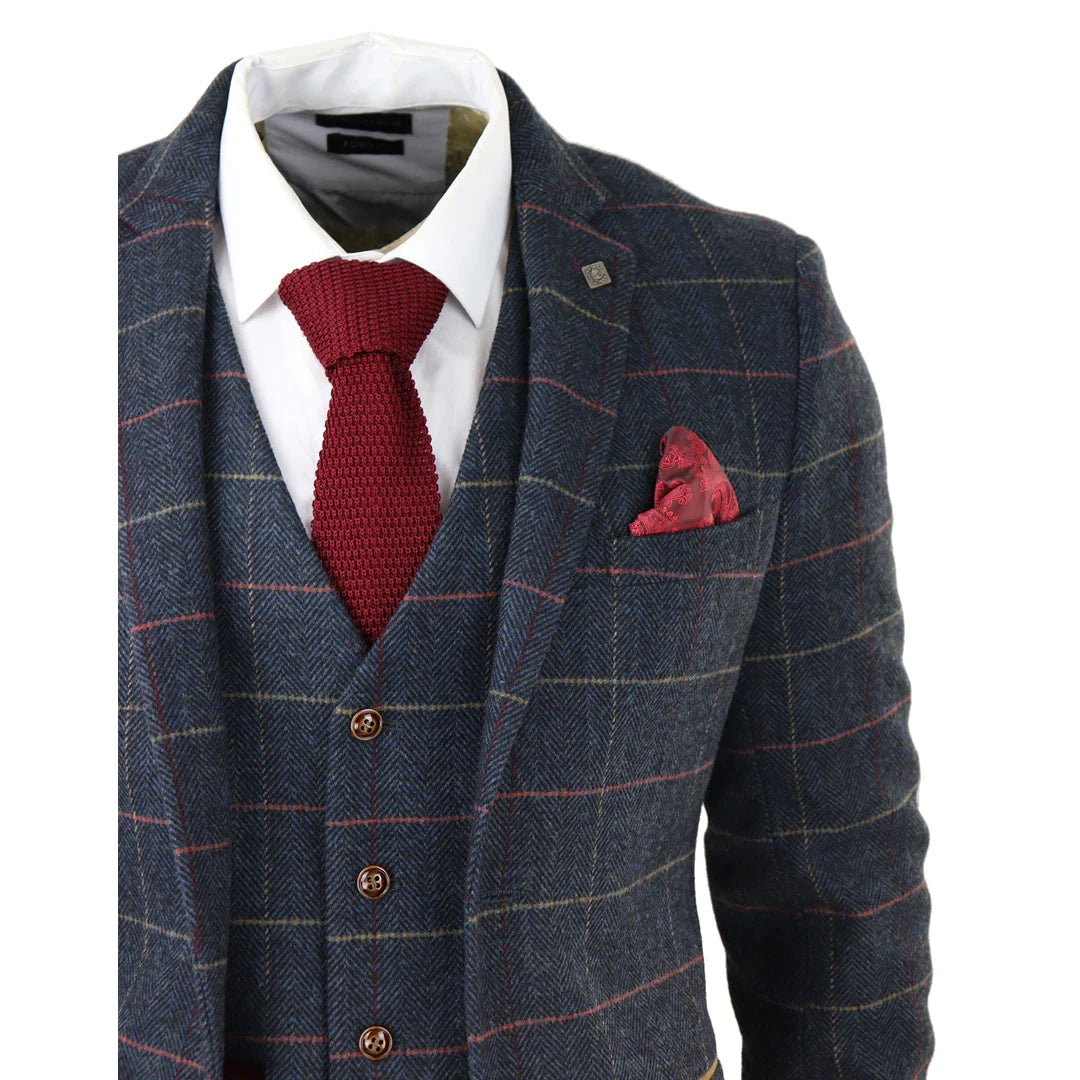 Paul Andrew - Men's Navy 3 Piece Tweed Check Suit