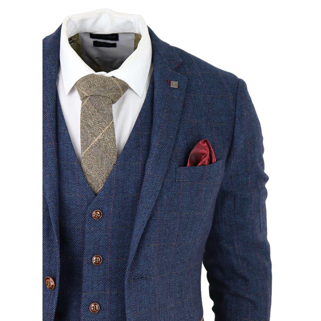 Paul Andrew - Men's Blue 3 Piece Tweed Check Suit