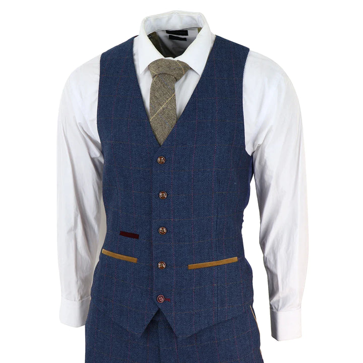 Paul Andrew - Men's Blue 3 Piece Tweed Check Suit