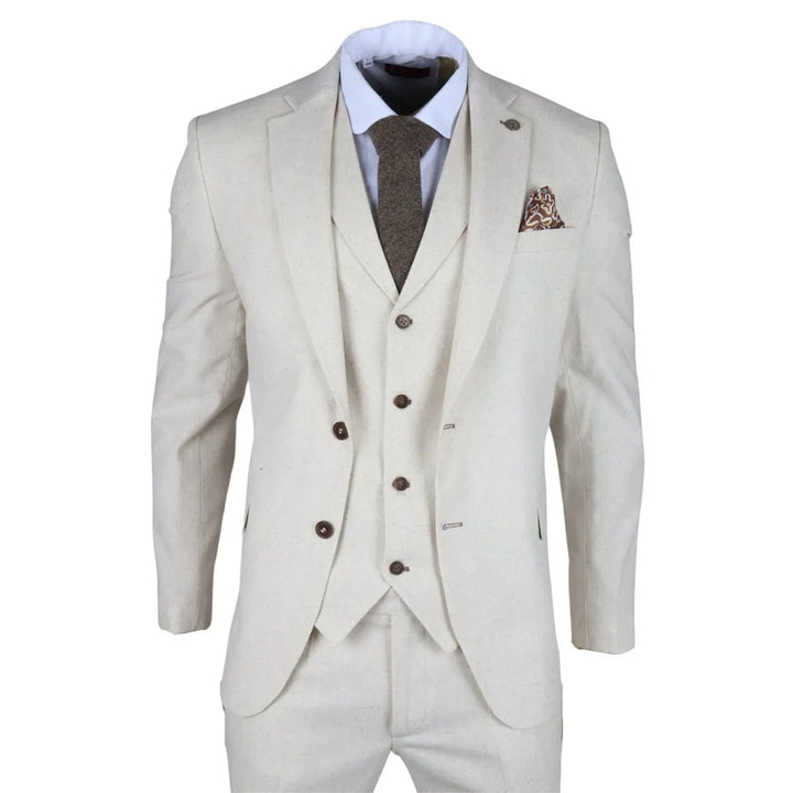 TP-21 - MEN'S BEIGE 3 PIECE LINEN SUMMER WEDDING SUIT