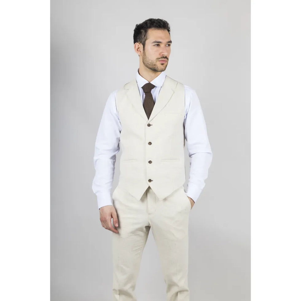 TP-21 - MEN'S BEIGE 3 PIECE LINEN SUMMER WEDDING SUIT