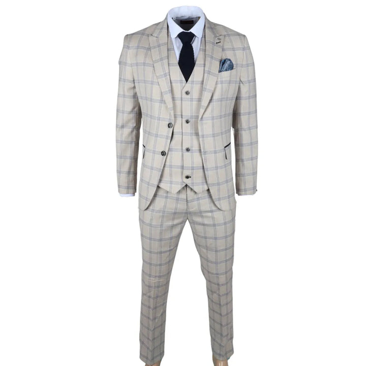 WARWICK - MEN'S 3 PIECE BEIGE CHECKED SUIT